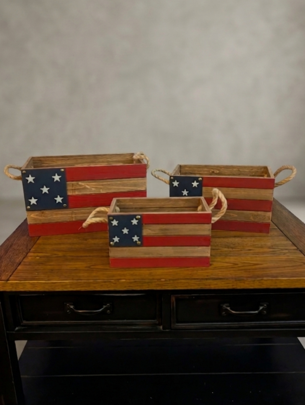 Patriotic Wooden Flag Storage Boxes with Rope Handles - Set of 3